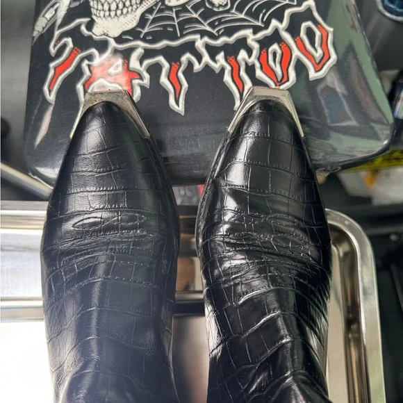 Black Croc-Embossed Ankle Boots - Picture 5 of 7